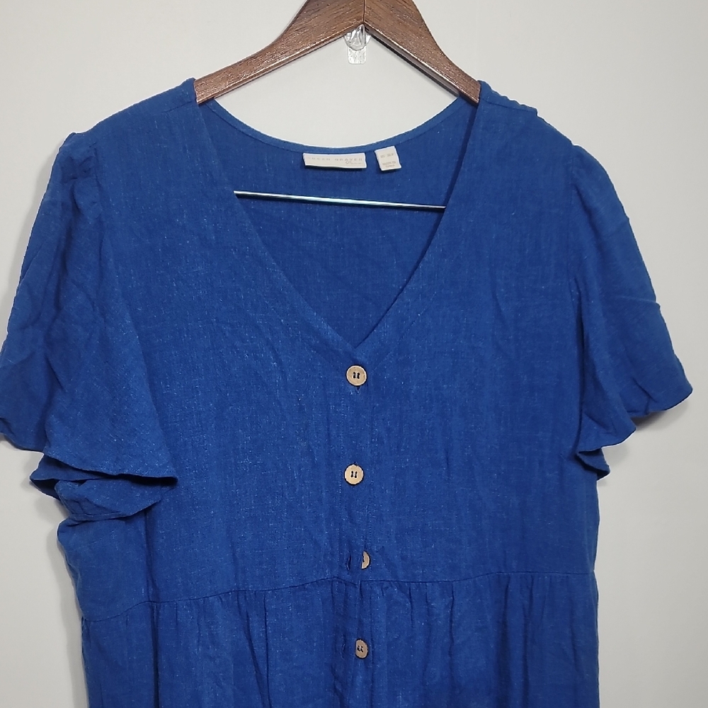 Susan Graver Cobalt Blue V-Neck Linen Blend Maxi Petite Dress